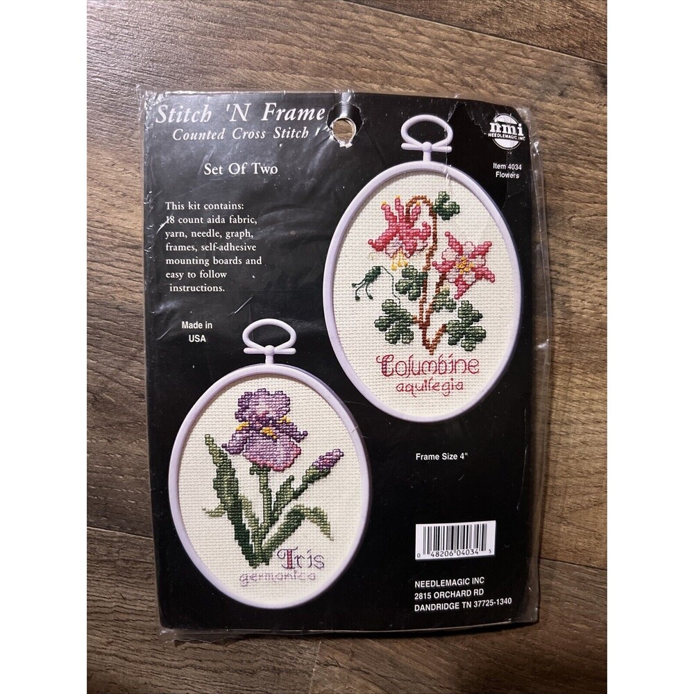 Counted Cross Stitch Kit 4034 Flowers Stitch N Frame Set 2 NOS Iris Columbine 4"